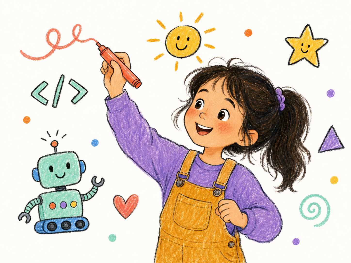Kalemiyle çizim yapan, kod ve robot karalamalarıyla çevrili neşeli bir çocuk